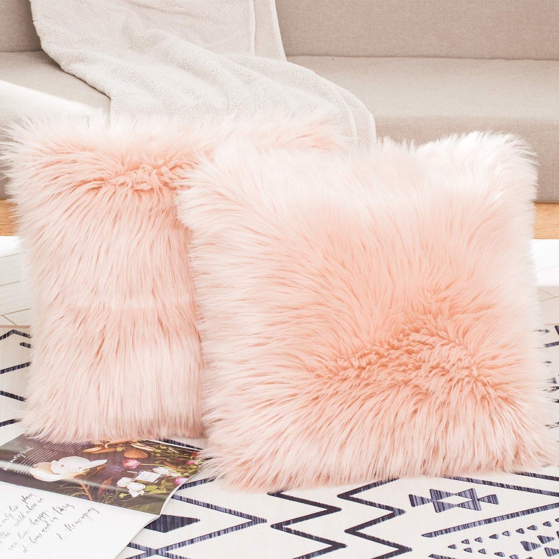HYSEAS Set of 2 Decorative Faux Fur Throw Pillow Covers  Pale Pink Fluffy Soft Fuzzy Square Cushion Cover Pillow Case for Sofa  Couch  Chair  Bed  Cafe  18 x 18 Inches - Image 2